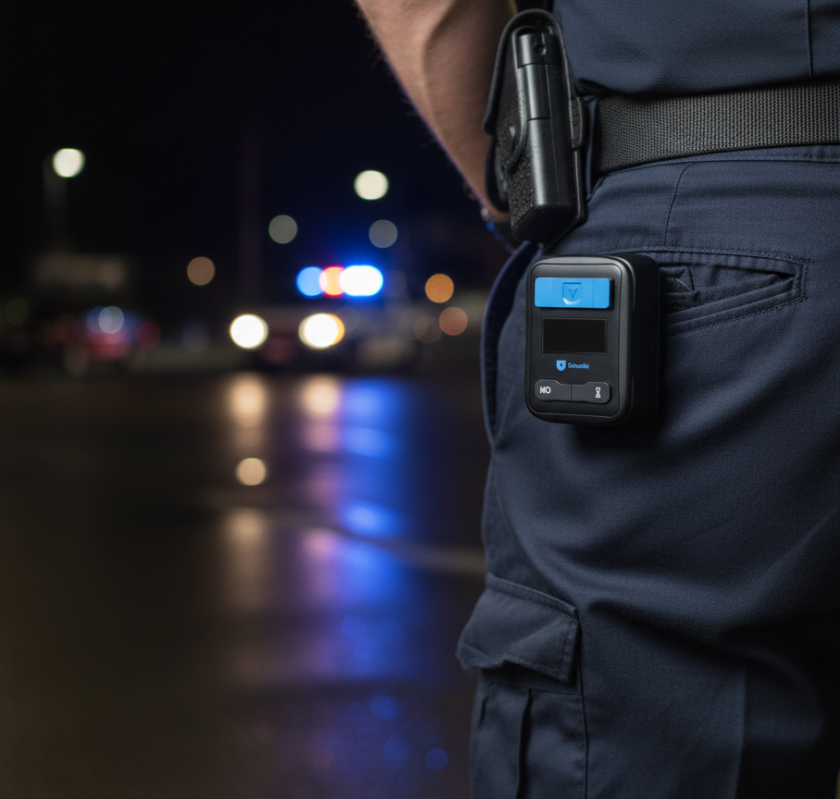 Police with body camera and pistol on the belt, blurred emergency vehicles with blue lights in the background, night.